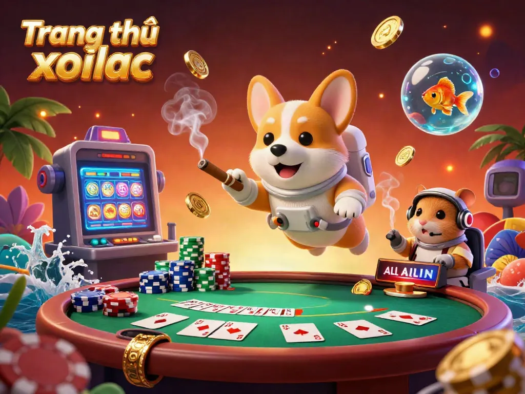 Engage with the exciting world of Trang chủ xoilac, featuring a floating astronaut corgi in a vibrant space casino, surrounded by dynamic poker elements.