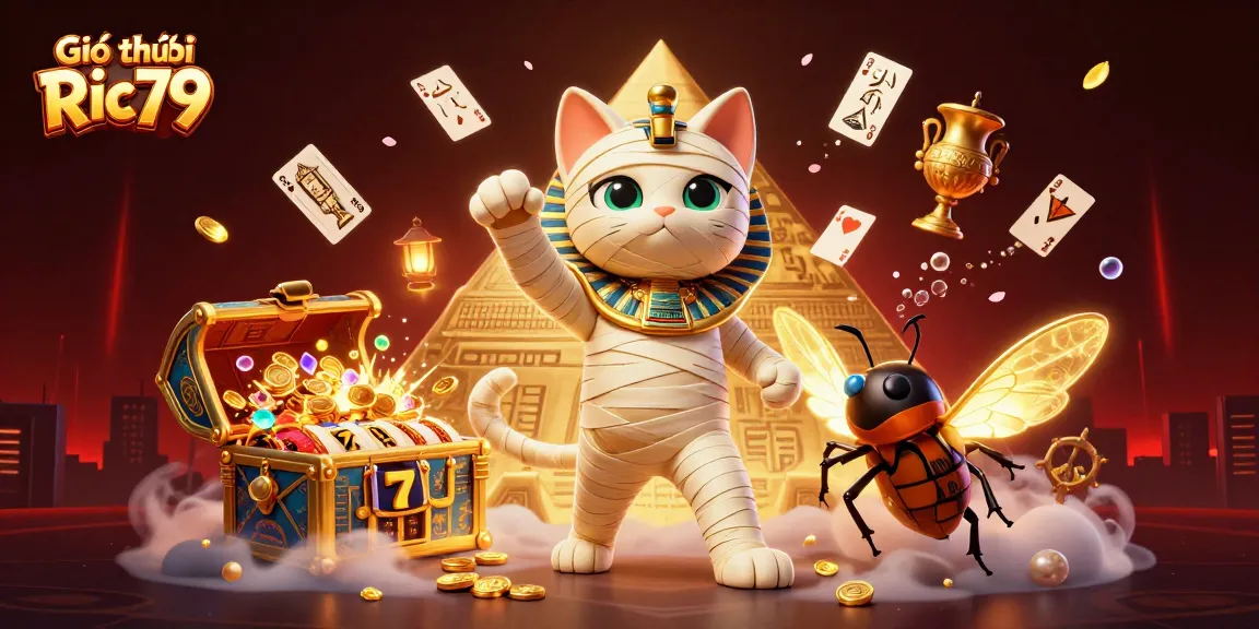 Giới thiệu Ric79 showcases a dynamic 3D scene with an Egyptian mummy cat and a scarab beetle amidst vibrant casino elements.