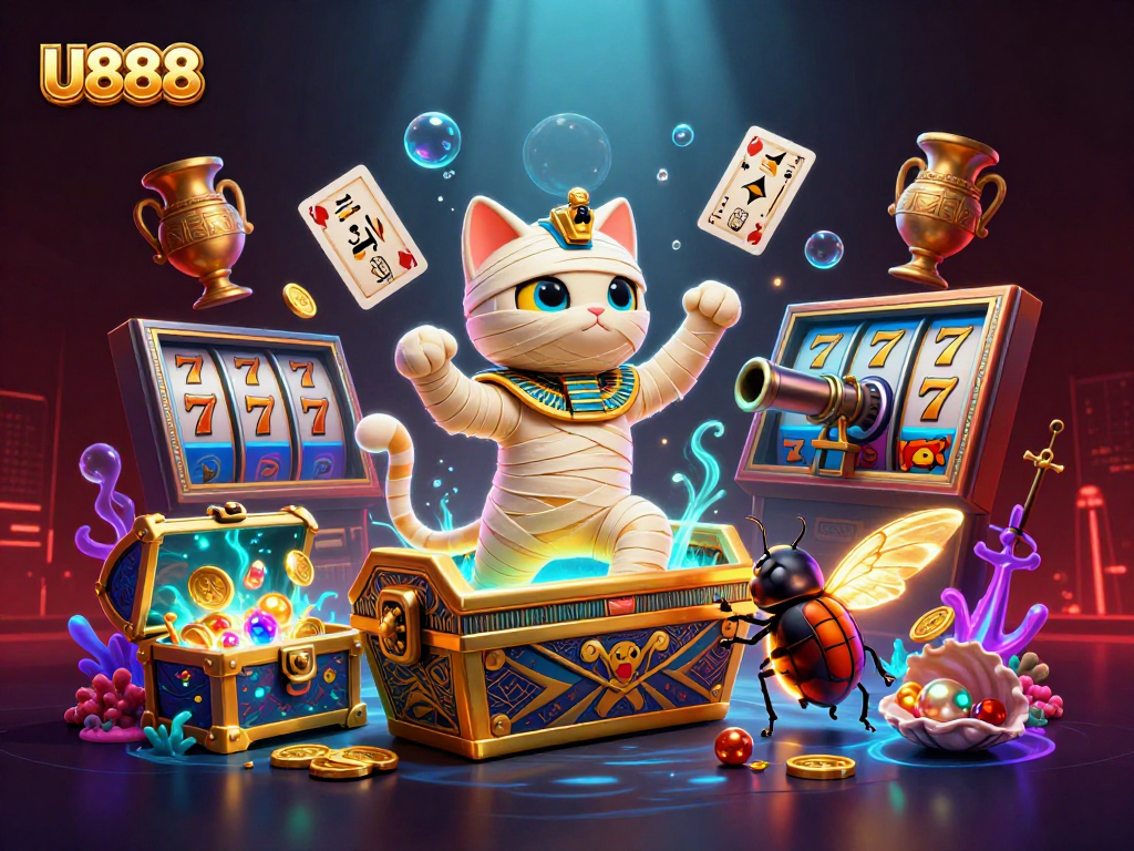 U888 casino illustration showcasing an Egyptian mummy cat and a scarab creating winning moments.