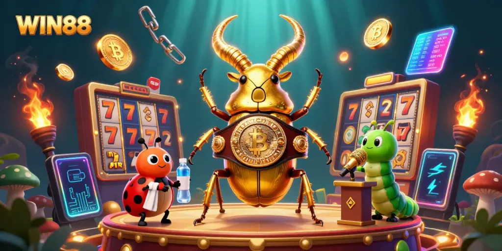 Experience the excitement of WIN88 with unique characters and vibrant slot elements in this dynamic casino scene.