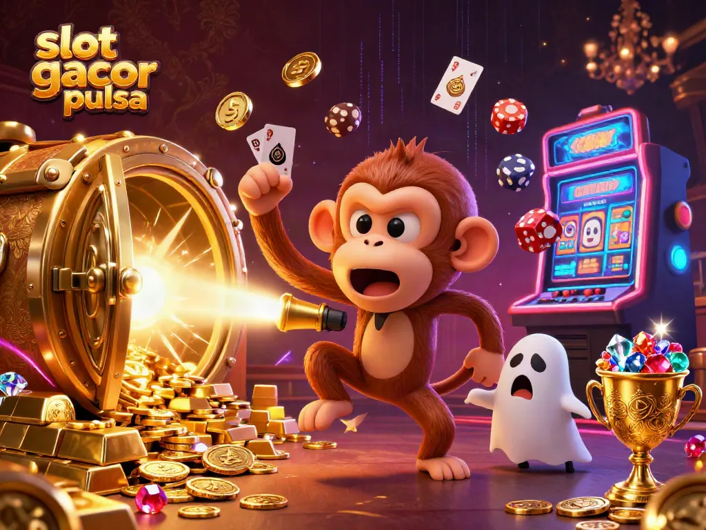 Experience the excitement of slot gacor pulsa as a mischievous poltergeist monkey juggles golden treasures in this vibrant casino scene.