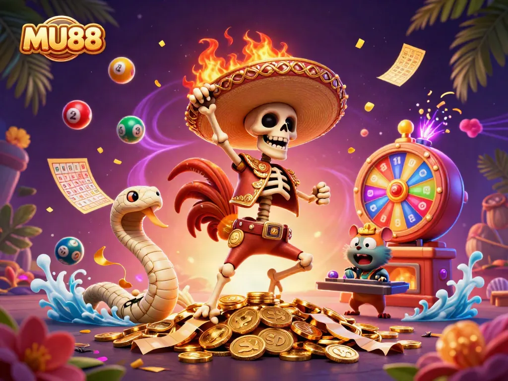 Engage in thrilling MU88 gaming with a mariachi rooster, mummy snake, and DJ hamster amidst lottery elements.