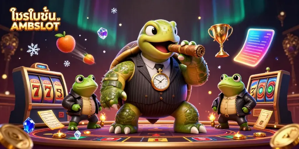 โปรโมชั่น AMBSLOT แสดงการ์ตูนนกกบและเต่าในคาสิโน ขณะเล่นเกมสล็อต