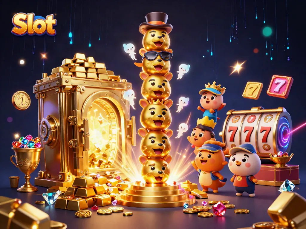 Engage with Slot machines bursting with treasure in this vibrant casino scene