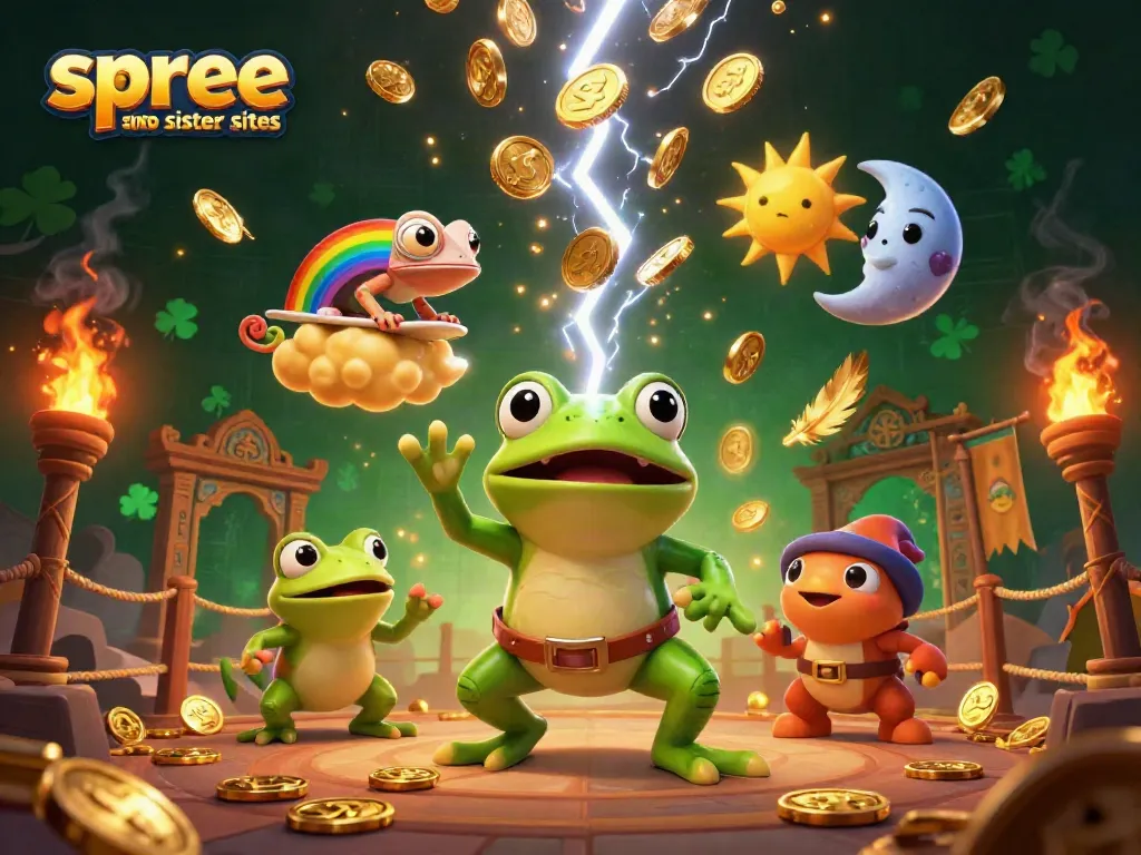 Engage with spree casino sister sites featuring golden coins, vibrant characters, and dynamic gambling elements.