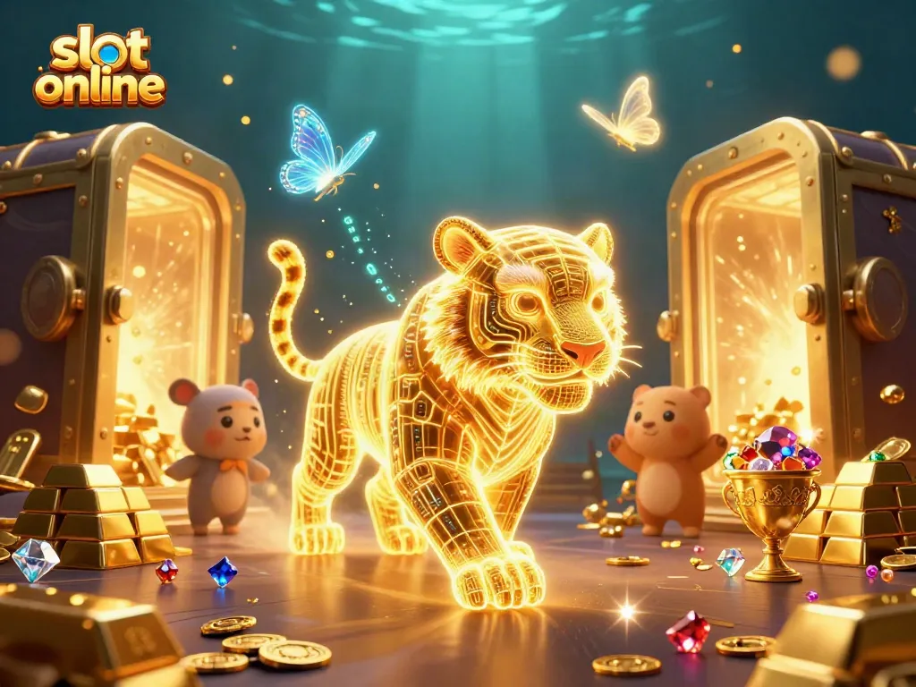Spin exciting slot online games in a vibrant casino scene with a neon tiger and treasures.