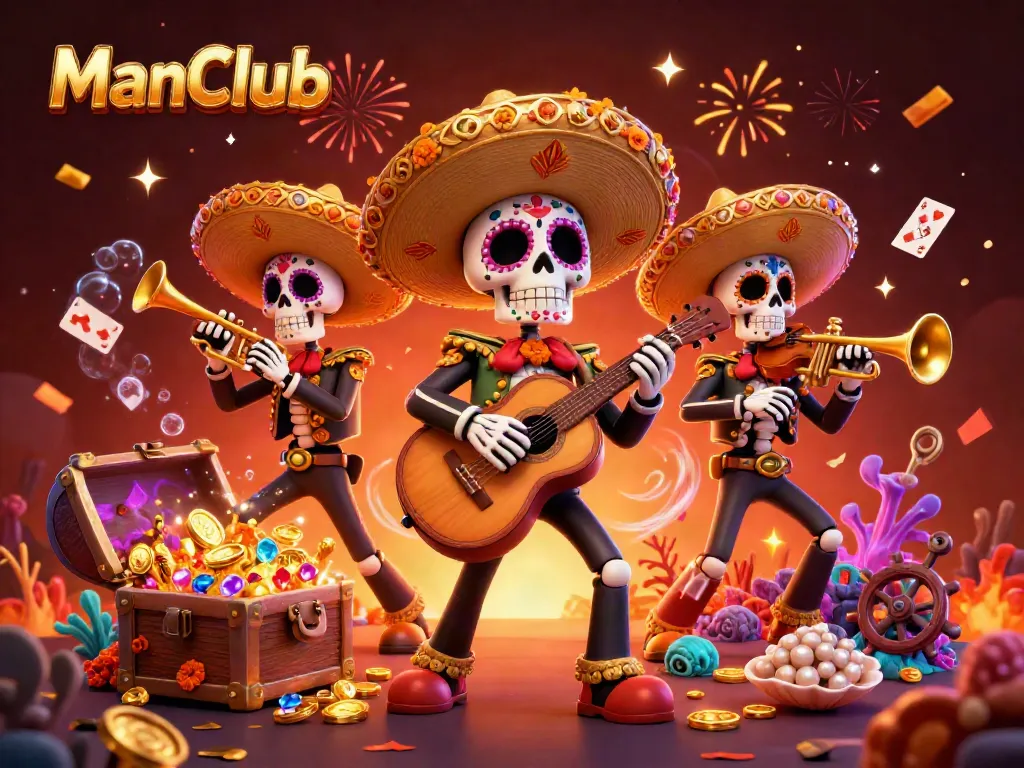 Experience the excitement of ManClub with vibrant casino action featuring a festive mariachi band and gaming elements.